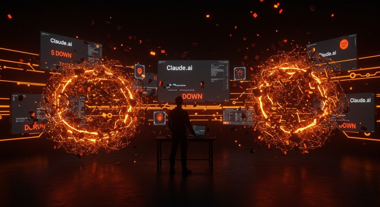 Fundador de startup gestionando la caída de Claude.ai durante cinco outages en 2026, con metáforas visuales de dependencia y protección IA en tonos naranja y negro.