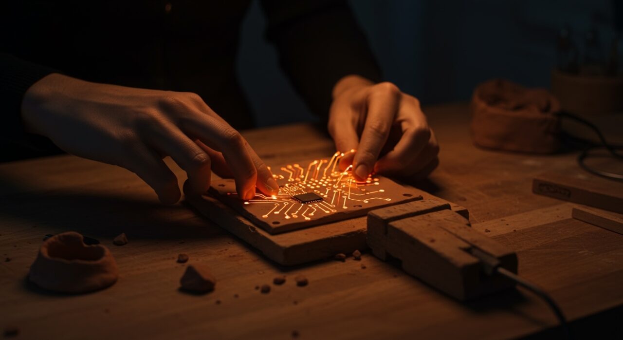 Fabricación ética de hardware con PCB de arcilla y metales reciclados, promoviendo producción local y sostenibilidad.