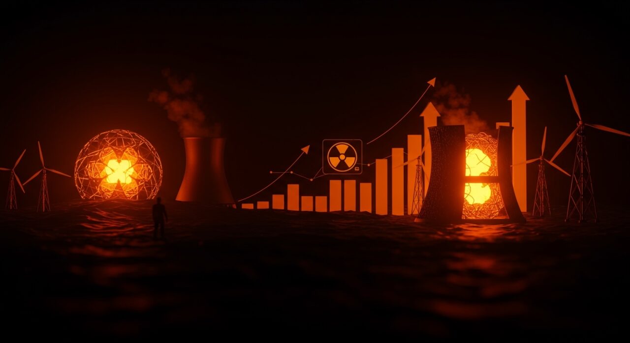 Ilustración conceptual de las IPOs en climate tech de X-energy y Fervo Energy en 2026 destacando inversión y tecnología nuclear innovadora.