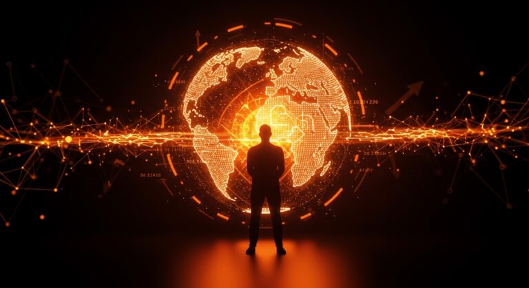 Fundador de startup tecnológico frente a un globo digital iluminado, simbolizando la financiación en IA y alianzas con Google.