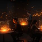 Fundadores tech colaborando con pantallas holográficas de datos en desarrollo ágil de SaaS con Clojure en startups LATAM.