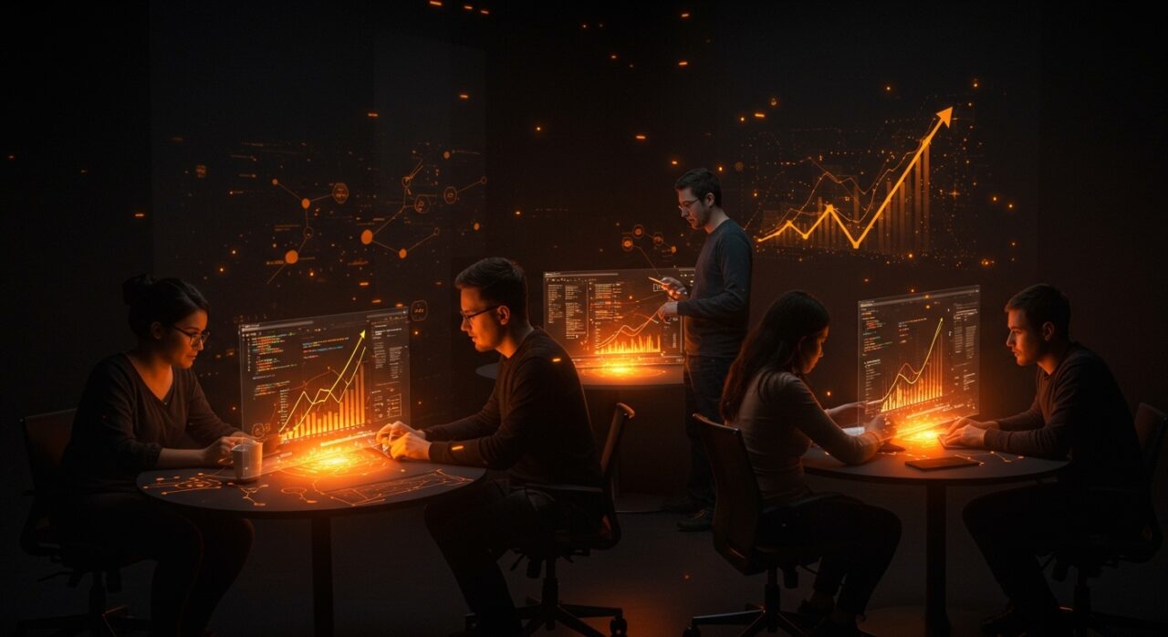 Fundadores tech colaborando con pantallas holográficas de datos en desarrollo ágil de SaaS con Clojure en startups LATAM.