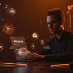 Interfaz CLI unificada de Cloudflare Wrangler destacada en un entorno tecnológico con metáforas de automatización y agentes de IA, en paleta naranja y negro de Ecosistema Startup.