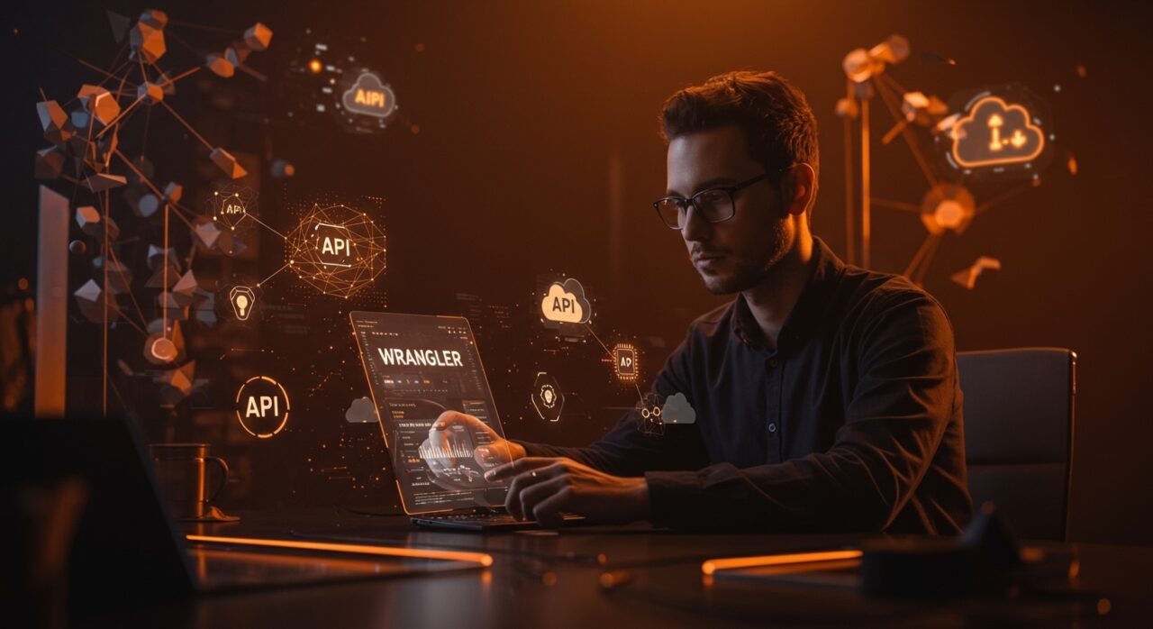 Interfaz CLI unificada de Cloudflare Wrangler destacada en un entorno tecnológico con metáforas de automatización y agentes de IA, en paleta naranja y negro de Ecosistema Startup.