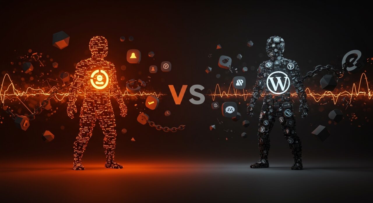 Comparación visual entre Cloudflare EmDash y WordPress destacando el debate sobre CMS serverless y vendor lock-in en la comunidad tecnológica.