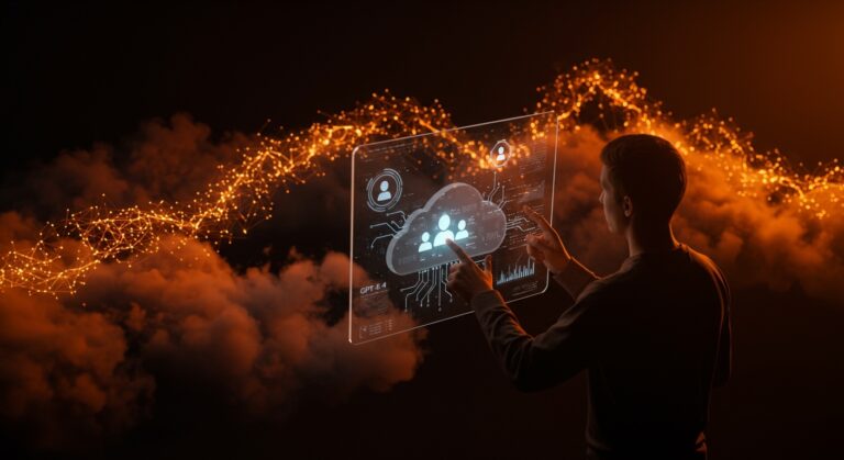 Founder utilizando interfaz futurista con agentes IA autónomos de Cloudflare Agent Cloud y GPT-5.4 para automatización en startups.