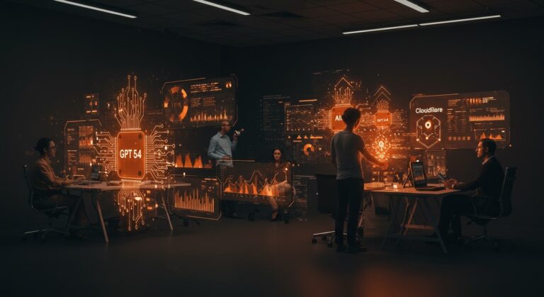 Integración de Cloudflare Agent Cloud con OpenAI GPT-5.4 para automatización IA en startups y empresas, imagen conceptual de agentes IA trabajando en flujos de trabajo automatizados.