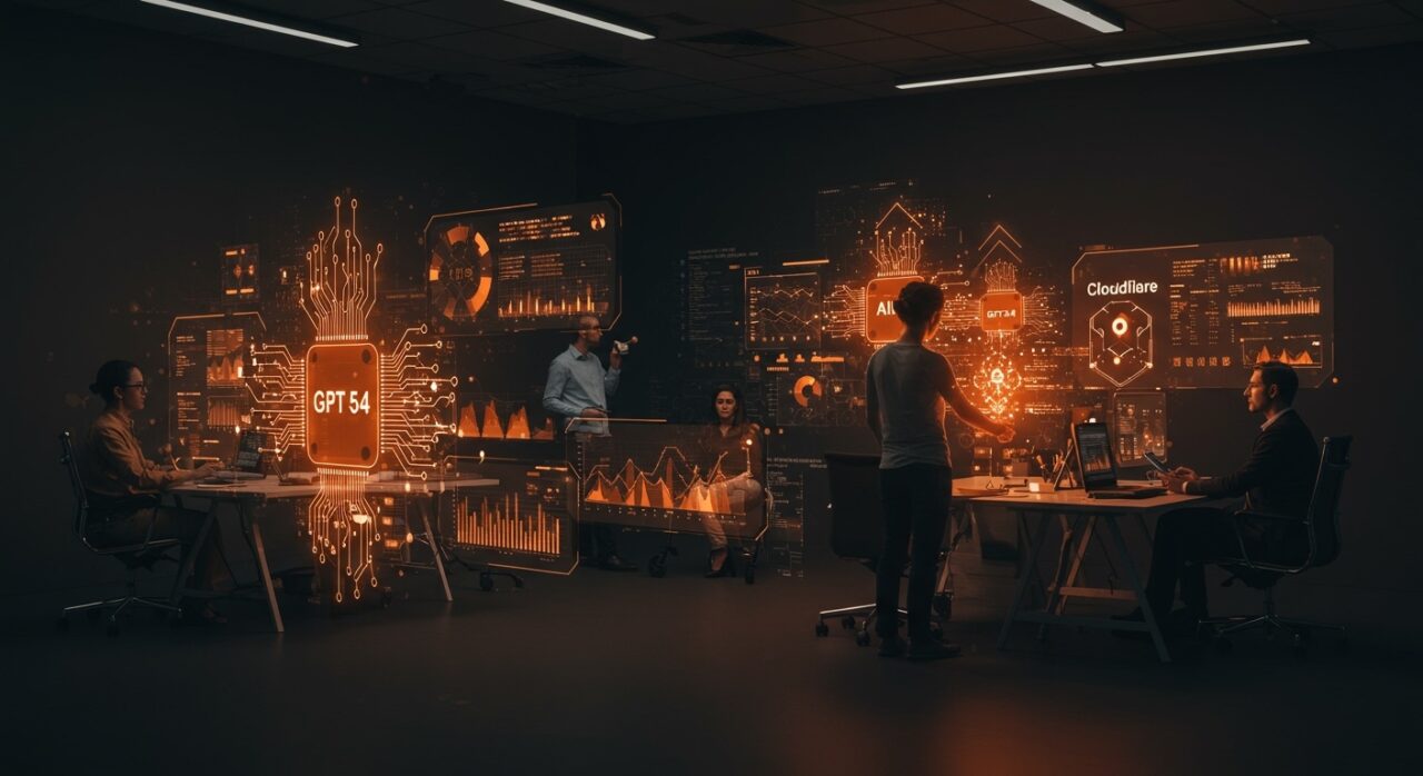 Integración de Cloudflare Agent Cloud con OpenAI GPT-5.4 para automatización IA en startups y empresas, imagen conceptual de agentes IA trabajando en flujos de trabajo automatizados.