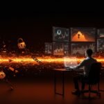 Ciberataques en fintech aumentan un 25% en LATAM, imagen conceptual de ciberseguridad financiera con profesional y datos digitales en tonos naranja y negro.