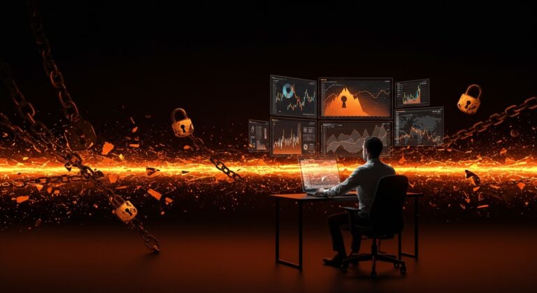 Ciberataques en fintech aumentan un 25% en LATAM, imagen conceptual de ciberseguridad financiera con profesional y datos digitales en tonos naranja y negro.