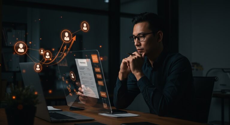 Estrategias de cobranza B2B para pagos a tiempo mostrando emprendedor gestionando pagos atrasados con herramientas digitales.