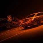 Coche conectado transmitiendo datos personales con visualización de protección de privacidad y riesgos bajo el RGPD en automoción.