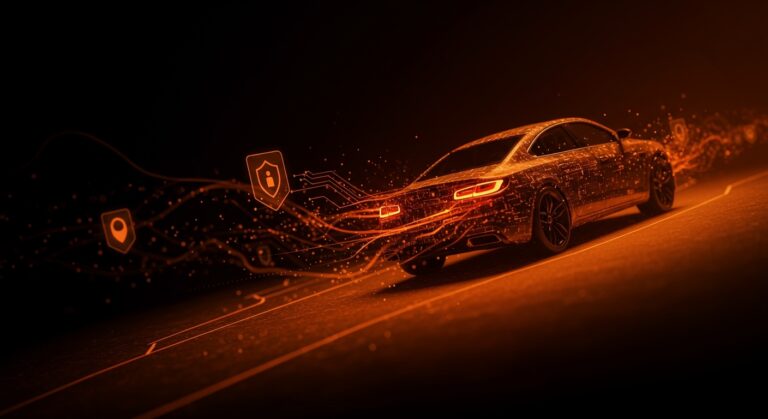 Coche conectado transmitiendo datos personales con visualización de protección de privacidad y riesgos bajo el RGPD en automoción.