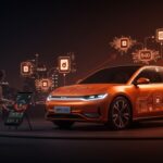 Coche eléctrico chino futurista en un entorno urbano tecnológico que representa la revolución en movilidad y experiencia usuario con BYD y Xiaomi.