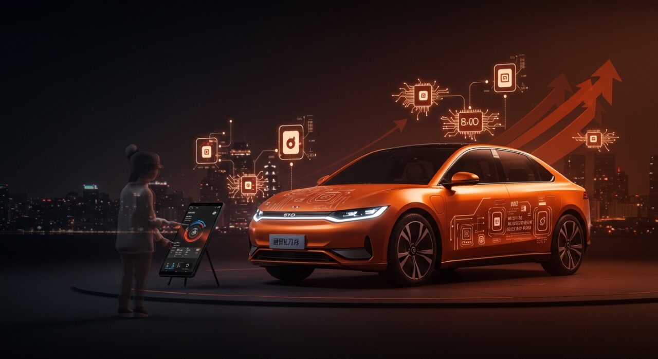 Coche eléctrico chino futurista en un entorno urbano tecnológico que representa la revolución en movilidad y experiencia usuario con BYD y Xiaomi.