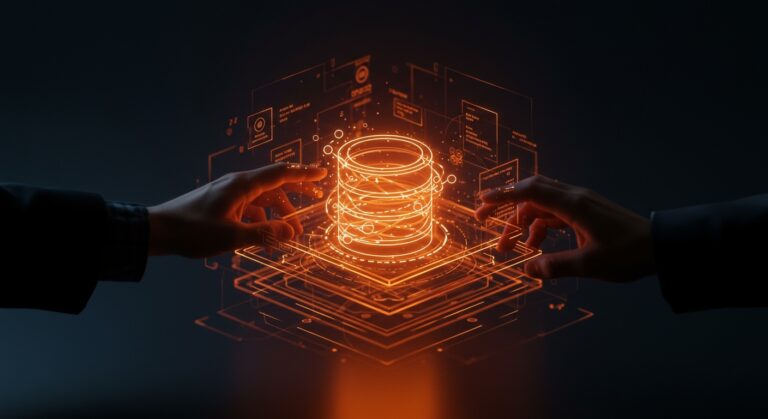 Interfaz holográfica de base de datos gráfica CRDT con colaboración en tiempo real y AI integrada para startups tecnológicas.
