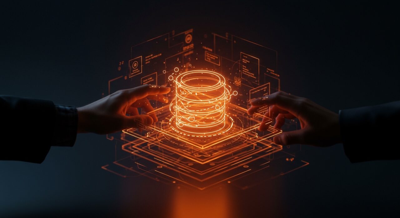 Interfaz holográfica de base de datos gráfica CRDT con colaboración en tiempo real y AI integrada para startups tecnológicas.