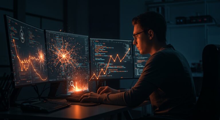 Desarrollador corrigiendo código generado por IA en producción, resaltando debugging y calidad de software en startups de inteligencia artificial.