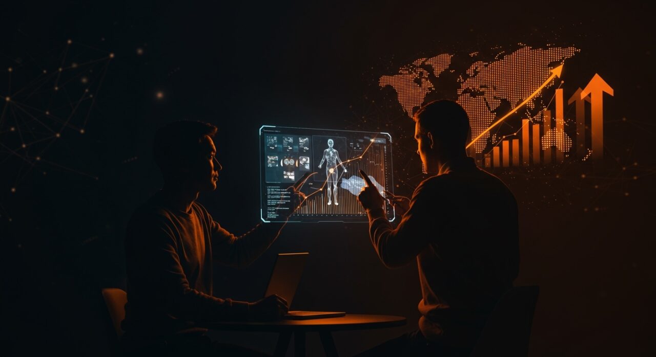 Fundador de startup salud digital frente a interfaz de inteligencia artificial aplicada a radiología, simbolizando la adquisición estratégica de Cognita Imaging por 80 millones dólares.