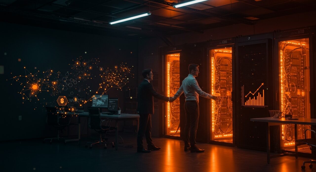 Ejecutivo de Cognizant cerrando adquisición de Astreya en infraestructura de IA con fondo de redes neuronales y data center en paleta naranja y negro.