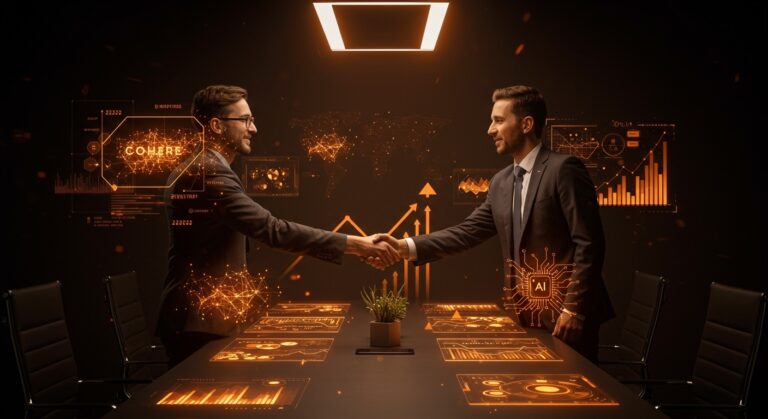 Fusión avanzada entre startups de IA Cohere y Aleph Alpha con metáforas visuales de inteligencia artificial y ecosistema tecnológico europeo y latinoamericano.