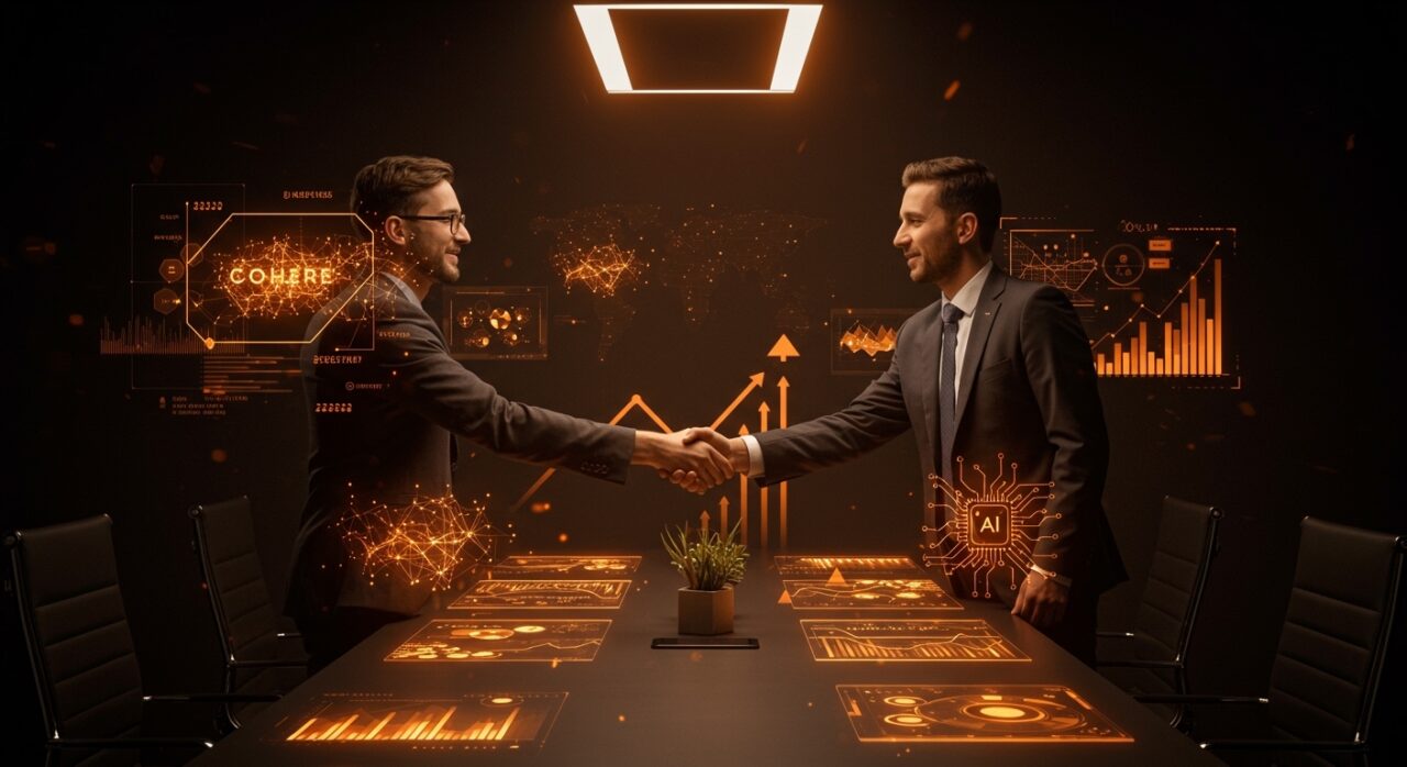 Fusión avanzada entre startups de IA Cohere y Aleph Alpha con metáforas visuales de inteligencia artificial y ecosistema tecnológico europeo y latinoamericano.