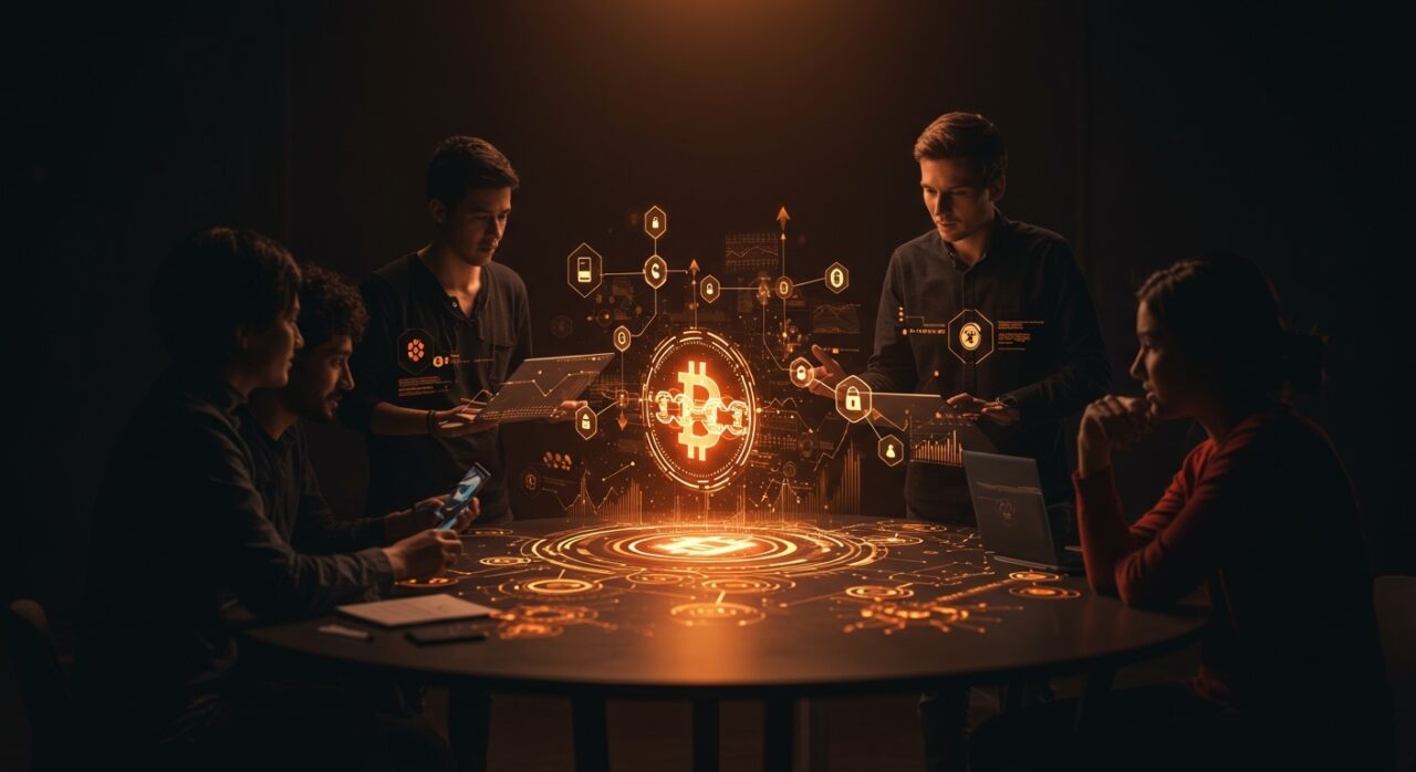 Startup founders colaborando con infraestructura blockchain y stablecoins en un entorno fintech de pagos seguros y cumplimiento normativo.