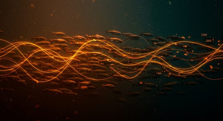 Colapso de peces migratorios en ecosistemas acuáticos con metáforas tecnológicas para soluciones ambientales y seguridad alimentaria.