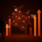 Emprendedor colombiano frente a un mapa digital con nodos luminosos que representan startups y financiamiento de alto impacto en Colombia 2025.
