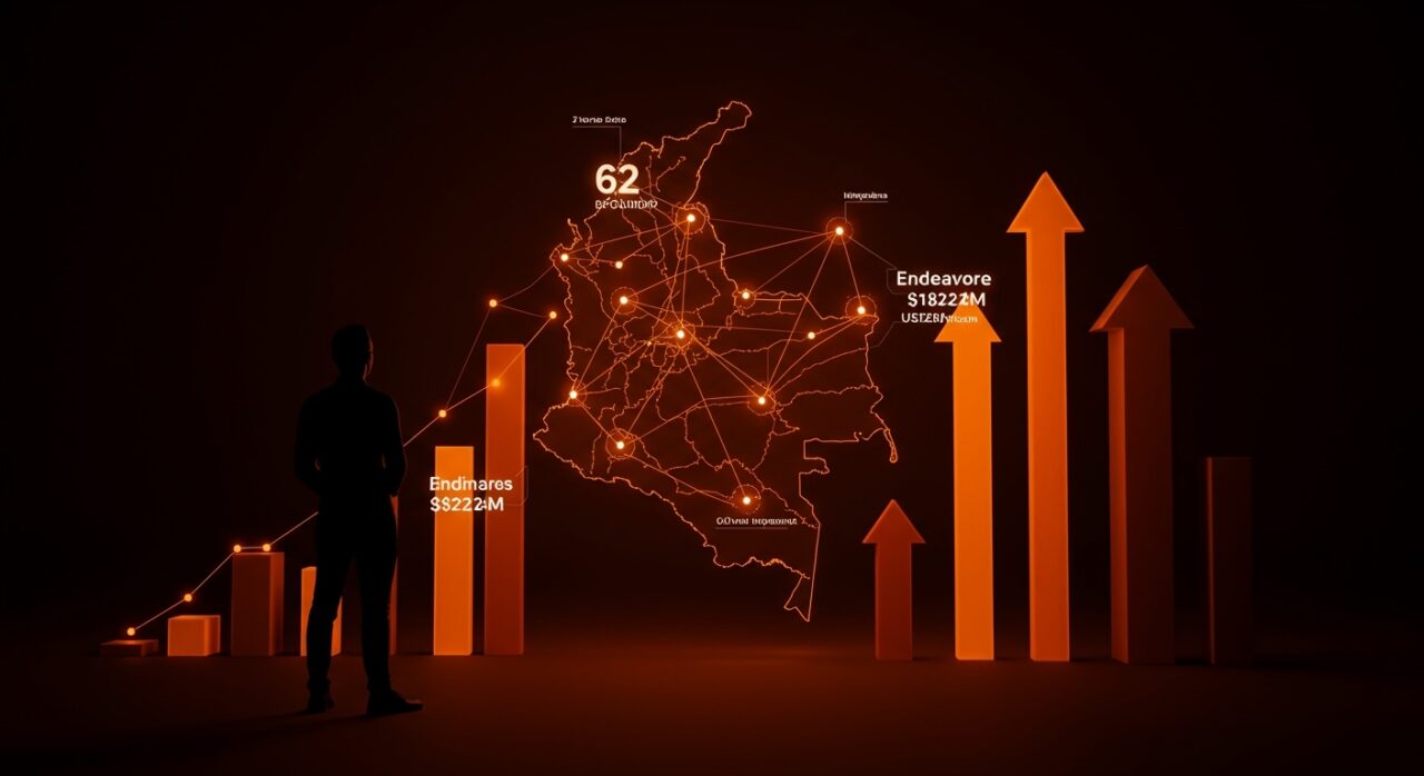 Emprendedor colombiano frente a un mapa digital con nodos luminosos que representan startups y financiamiento de alto impacto en Colombia 2025.