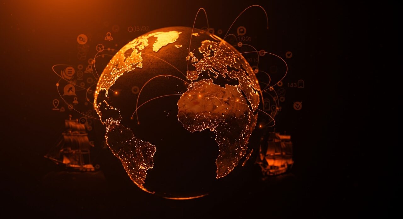 Imagen conceptual de colonialismo europeo y descolonización con metáforas visuales de tendencias globales y startups tech.