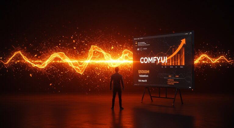 Fundador de IA frente a interfaz digital resaltando la valoración de ComfyUI de $500M y lecciones para startups de IA generativa.