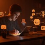 Artista digital creando pixel art para desarrollo de videojuegos en un entorno de comunidad tecnológica activa.