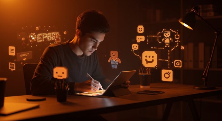 Artista digital creando pixel art para desarrollo de videojuegos en un entorno de comunidad tecnológica activa.