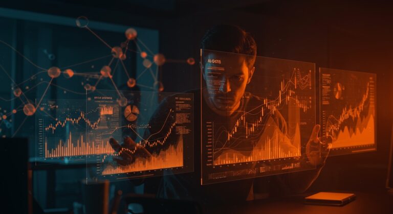 Terminal financiero con inteligencia artificial mostrando datos y automatización para startups fintech en un entorno moderno y tecnológico.