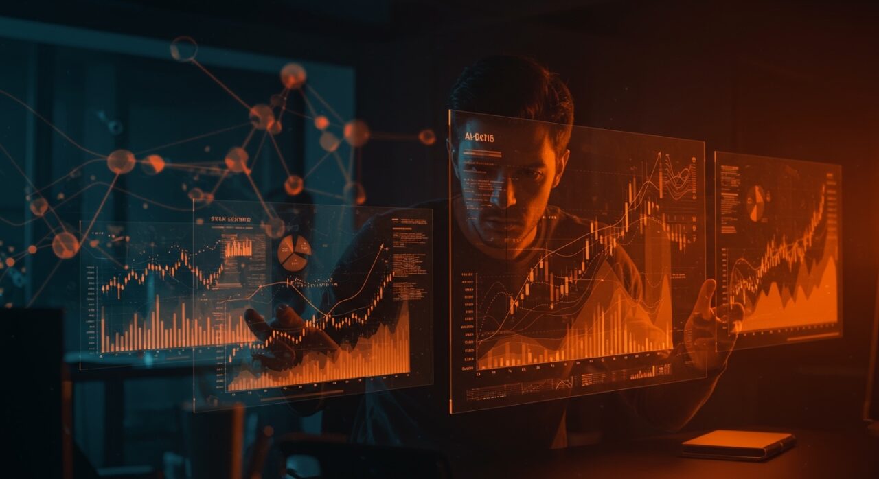 Terminal financiero con inteligencia artificial mostrando datos y automatización para startups fintech en un entorno moderno y tecnológico.