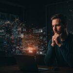 Detección de textos generados por IA con un fundador tech analizando datos digitales en un entorno futurista con elementos visuales de redes neuronales y APIs.