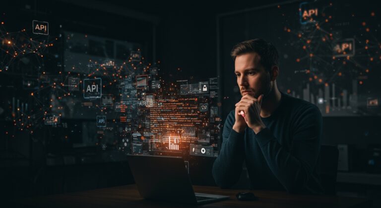 Detección de textos generados por IA con un fundador tech analizando datos digitales en un entorno futurista con elementos visuales de redes neuronales y APIs.