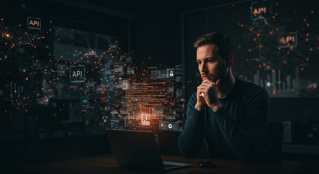 Detección de textos generados por IA con un fundador tech analizando datos digitales en un entorno futurista con elementos visuales de redes neuronales y APIs.