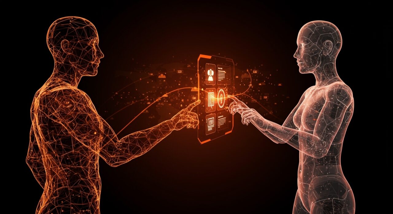 Comparación entre contenido humano y generado por IA con etiquetas digitales, destacando retos y oportunidades en inteligencia artificial y creatividad en 2026.