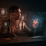 Fundador de startup analizando contenido humano y generado por IA con elementos de autenticidad digital y etiquetado en el ecosistema tecnológico LATAM.