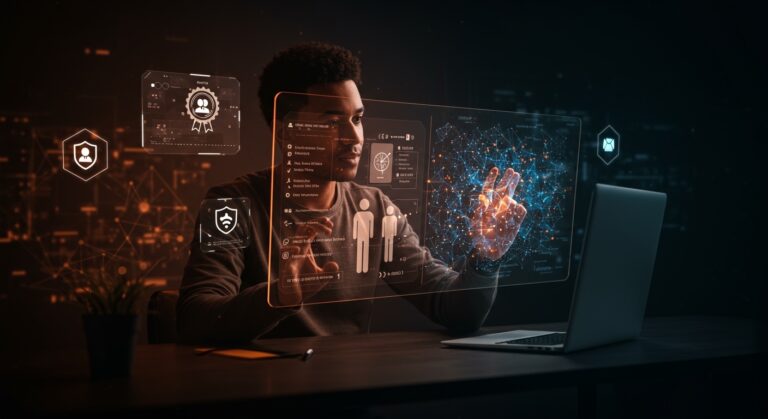 Fundador de startup analizando contenido humano y generado por IA con elementos de autenticidad digital y etiquetado en el ecosistema tecnológico LATAM.