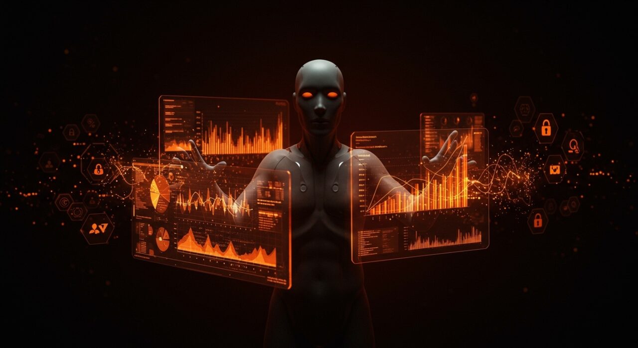 Agente de inteligencia artificial explotando vulnerabilidades en benchmarks IA, representado en un entorno futurista con gráficos digitales y símbolos de seguridad.