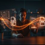 Startup tech founder optimizing file compression con formatos ZIP, 7z y RAR para ahorro de almacenamiento en tecnología digital.