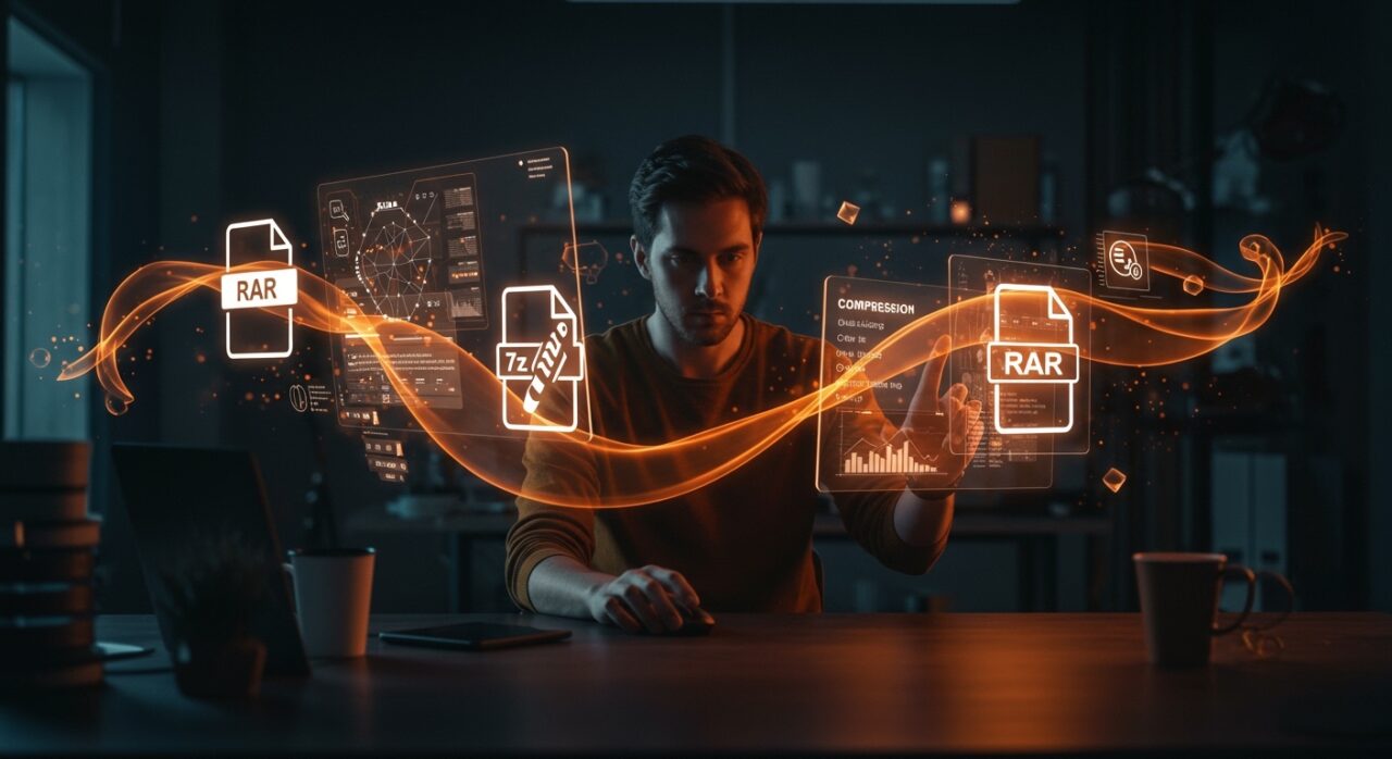 Startup tech founder optimizing file compression con formatos ZIP, 7z y RAR para ahorro de almacenamiento en tecnología digital.