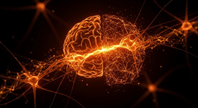 Imagen conceptual de neuronas humanas conectadas con una interfaz digital que representa computación biológica y IA aplicada en startups deep tech para founders en LATAM.