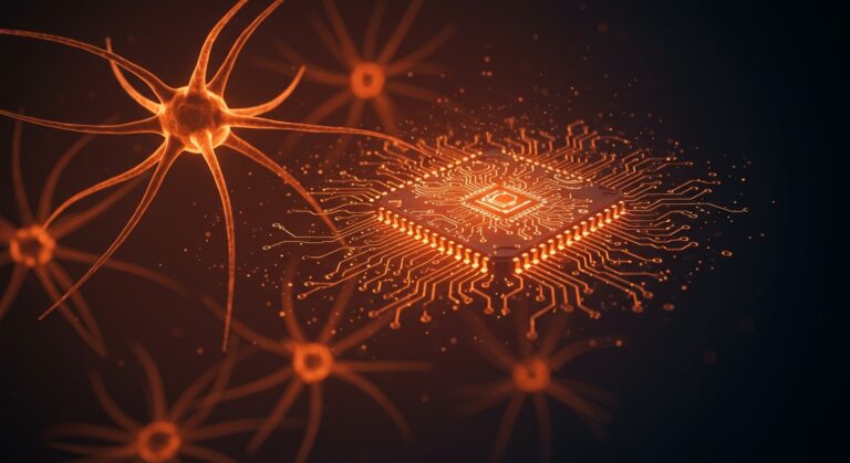Computación biológica con neuronas humanas y IA aplicada en startups deep tech LATAM, mostrando chips híbridos y redes neuronales.