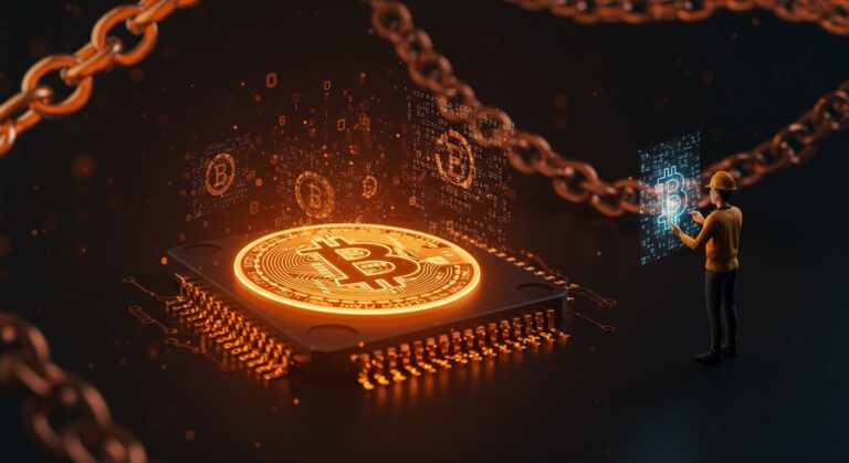 Computación cuántica y criptografía poscuántica representadas con un chip cuántico y símbolo de Bitcoin en un entorno tecnológico, ilustrando la preparación de Google frente a la seguridad digital.