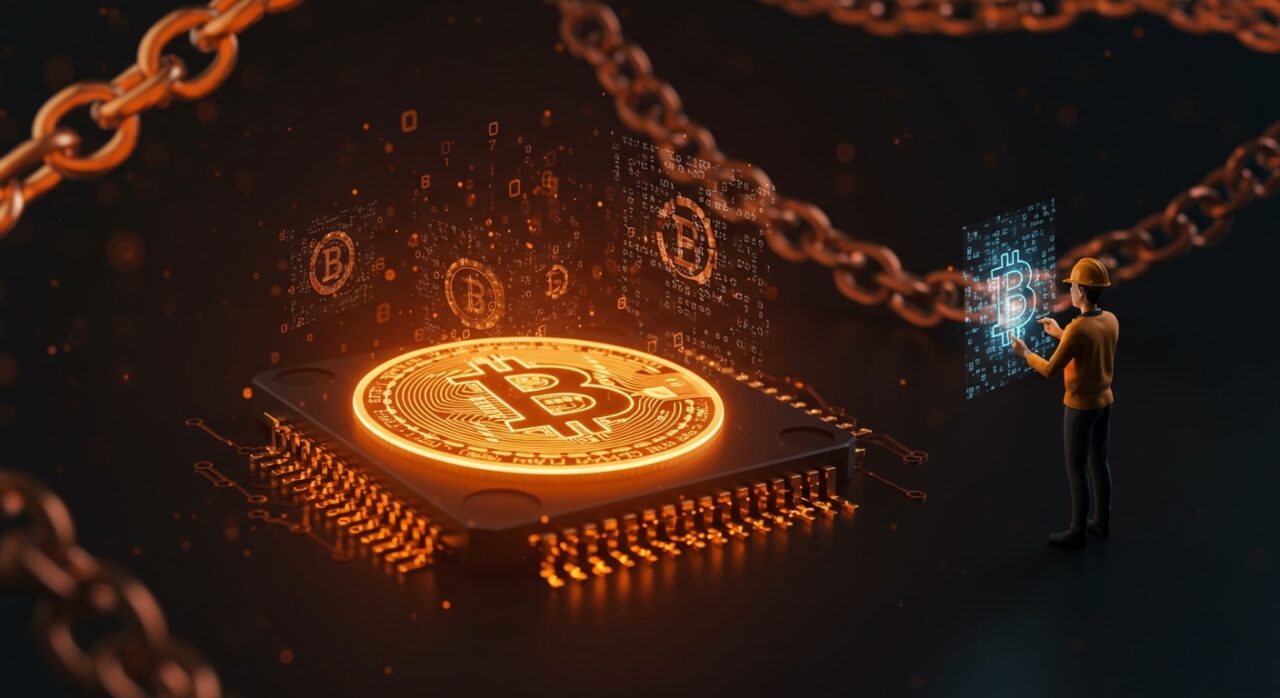 Computación cuántica y criptografía poscuántica representadas con un chip cuántico y símbolo de Bitcoin en un entorno tecnológico, ilustrando la preparación de Google frente a la seguridad digital.