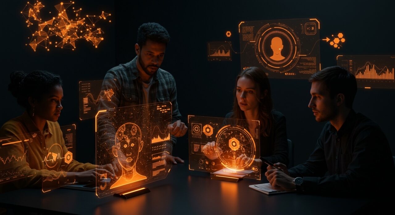 Evaluación de IA generativa creativa por profesionales expertos mostrando interacción con hologramas y redes neuronales en entorno startup tecnológico.